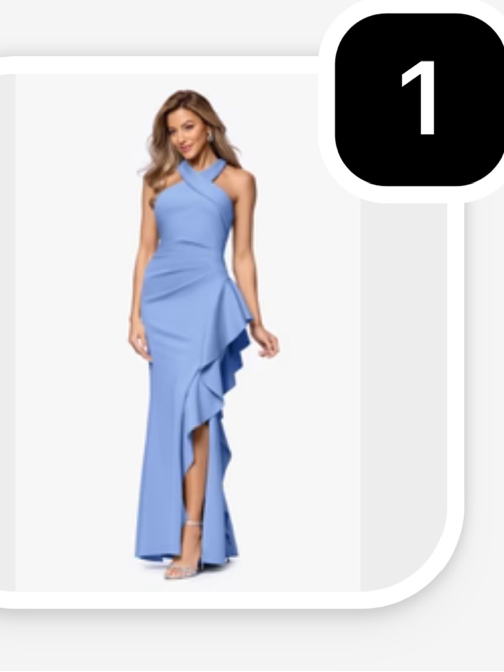 The “Gigi” Cross Neck Ruffle. Petite. Ruffle Gown - Blue/“Slate”